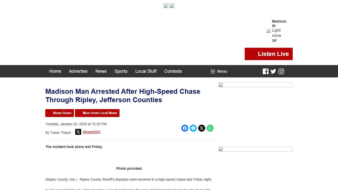 Madison Man Arrested After High-Speed Chase Through Ripley, Jefferson Counties - 95.3 WIKI